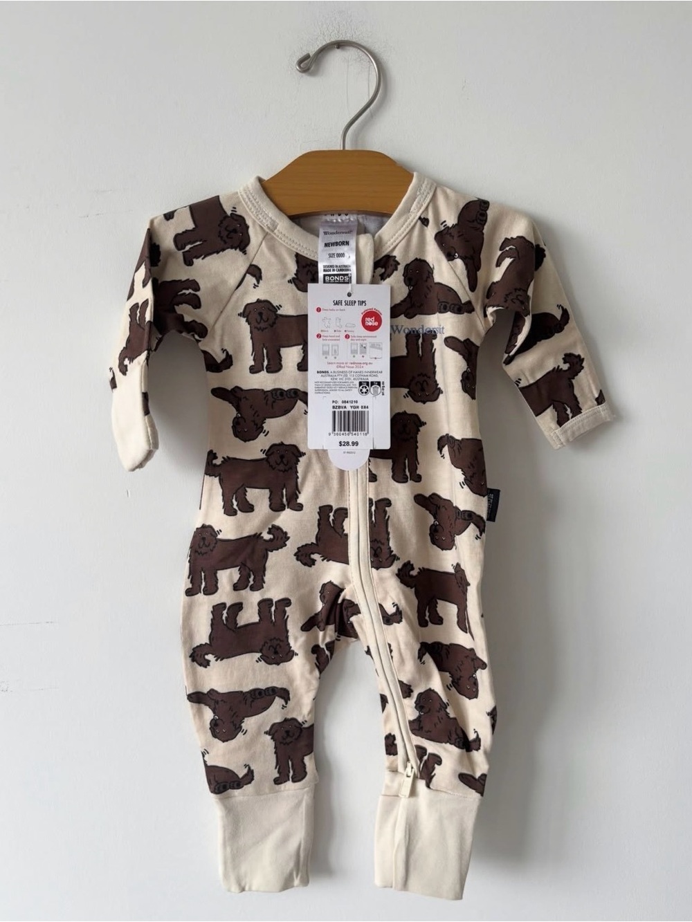 Bonds Cream Footie Zip Romper with Brown Puppy Print
